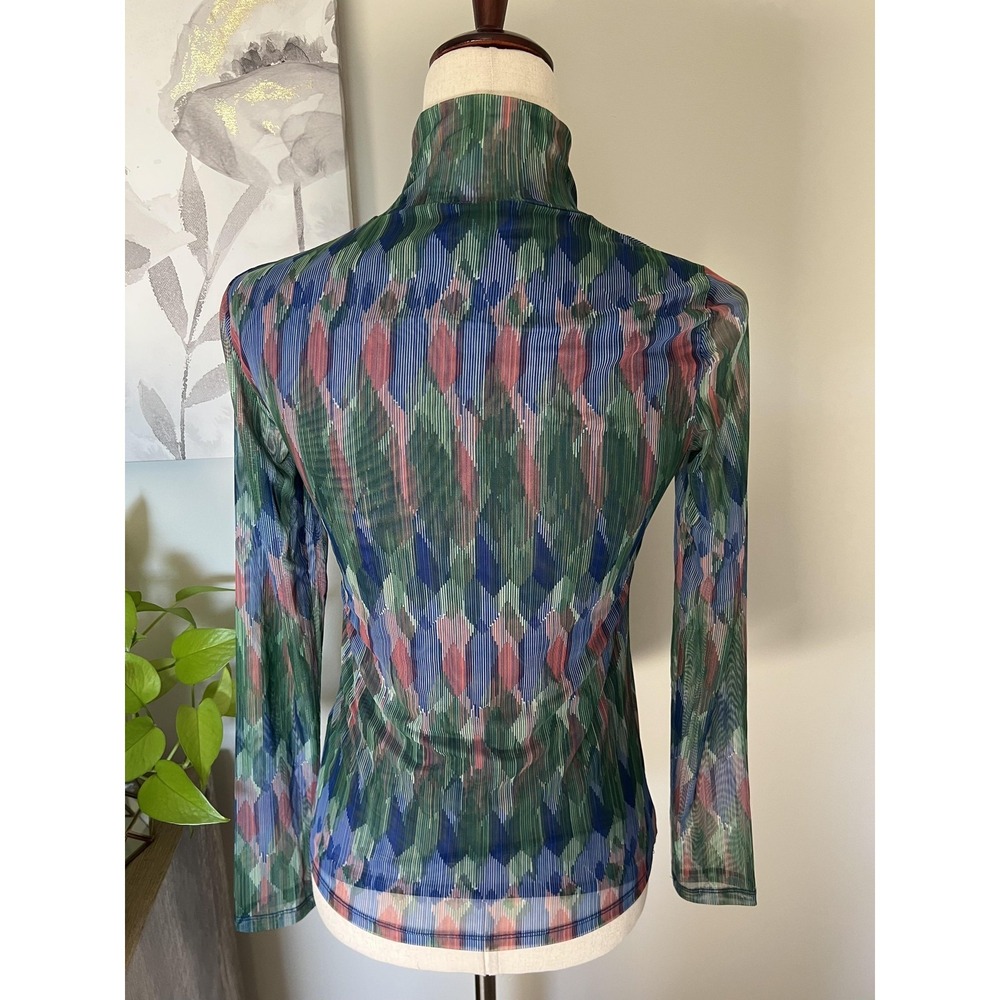 Anthropologie Top Womens XS Green Mesh Turtleneck Sheer Geometric‎ Print Boho - Picture 2 of 8